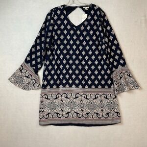 Cato Est 1946 Dress Womens L Blue Pink Floral Paisley Border Bell Sleeves Lined